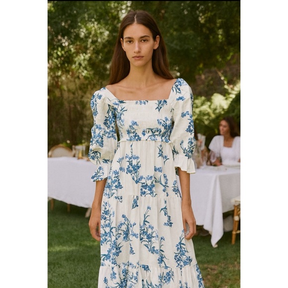 ESPECIA MAXI DRESS M FLORAL COTTON SMOCKED OFF SHOULDER SLEEVES SUMMER FEMININE - Picture 1 of 13